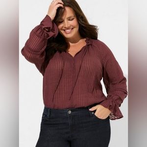 EUC Torrid Size 2X Burgundy Stripe Gauze Lace Up Peasant Top